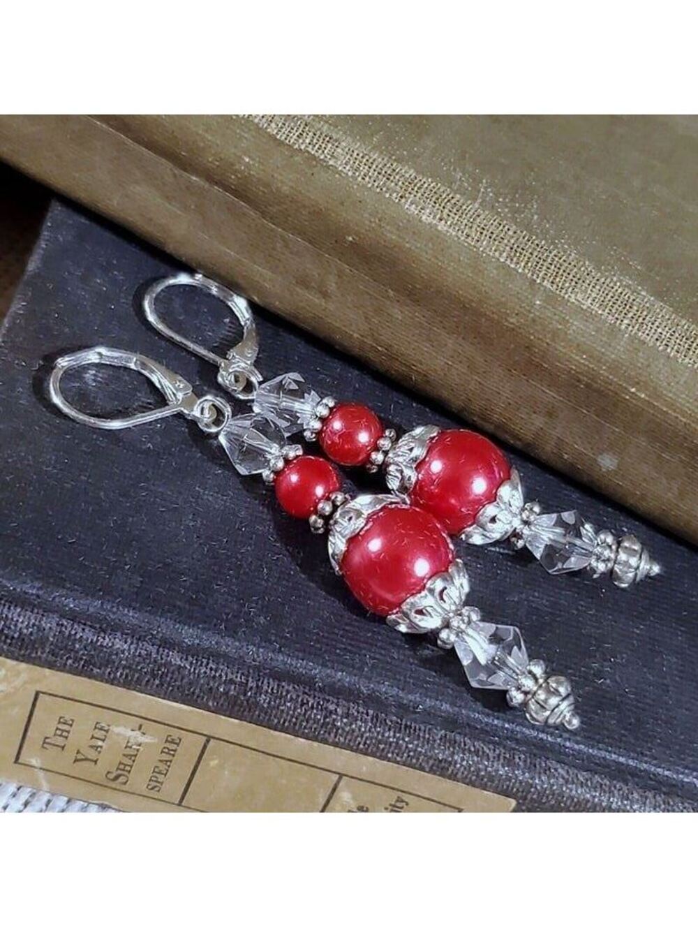 Red Glass Pearl Sterling Silver Plated Handcrafted Dangle Earrings